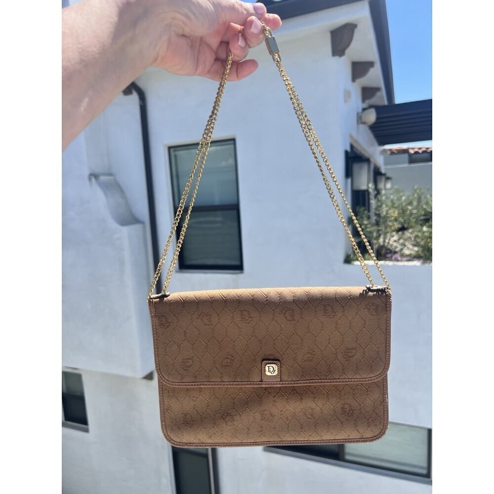 Vintage 70s Christian Dior beige Monogram Canvas leather shoulder bag gold chain - Picture 2 of 16